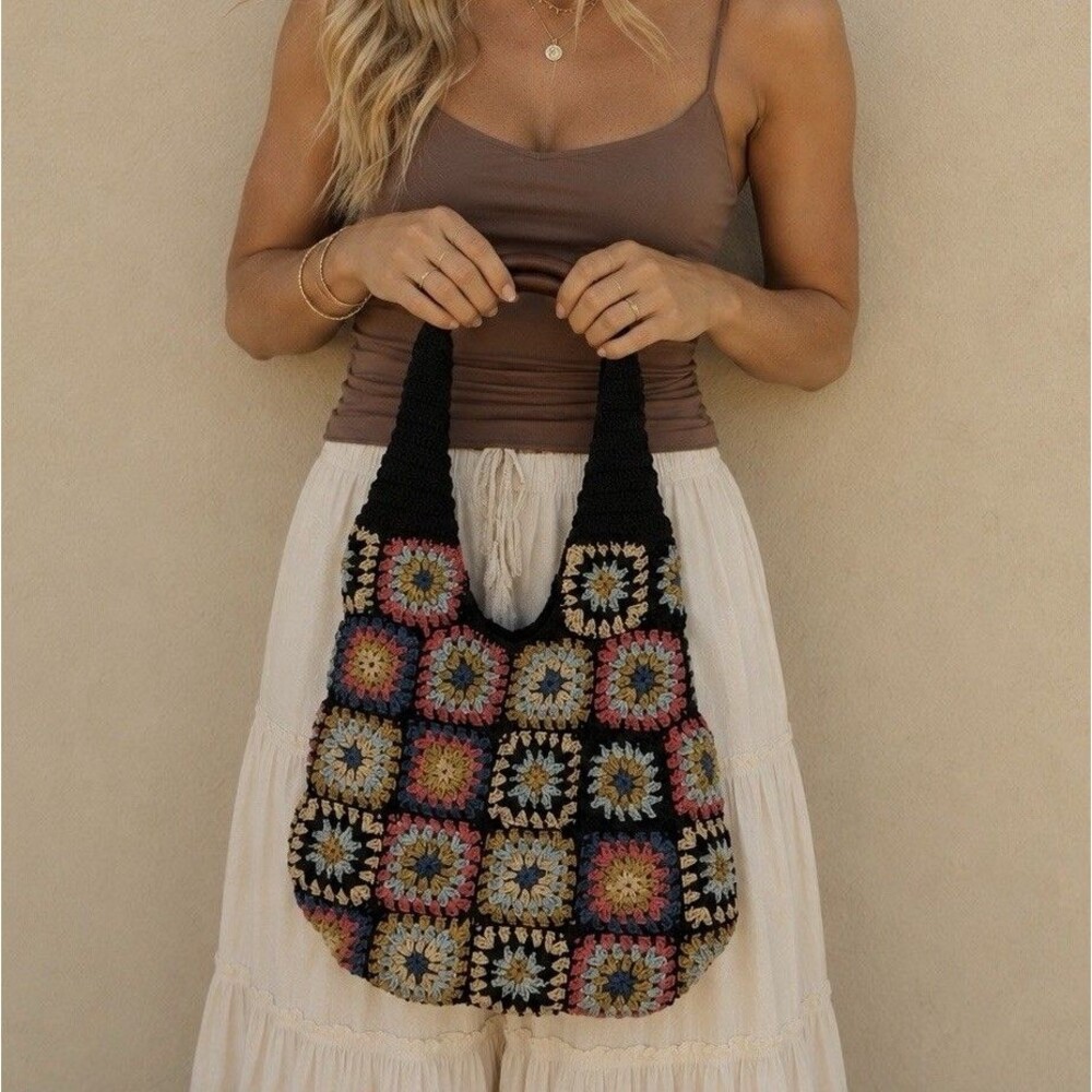 Free People Granny Square Crochet Tote Bag Black Multi Boho Leather Handle NWOT